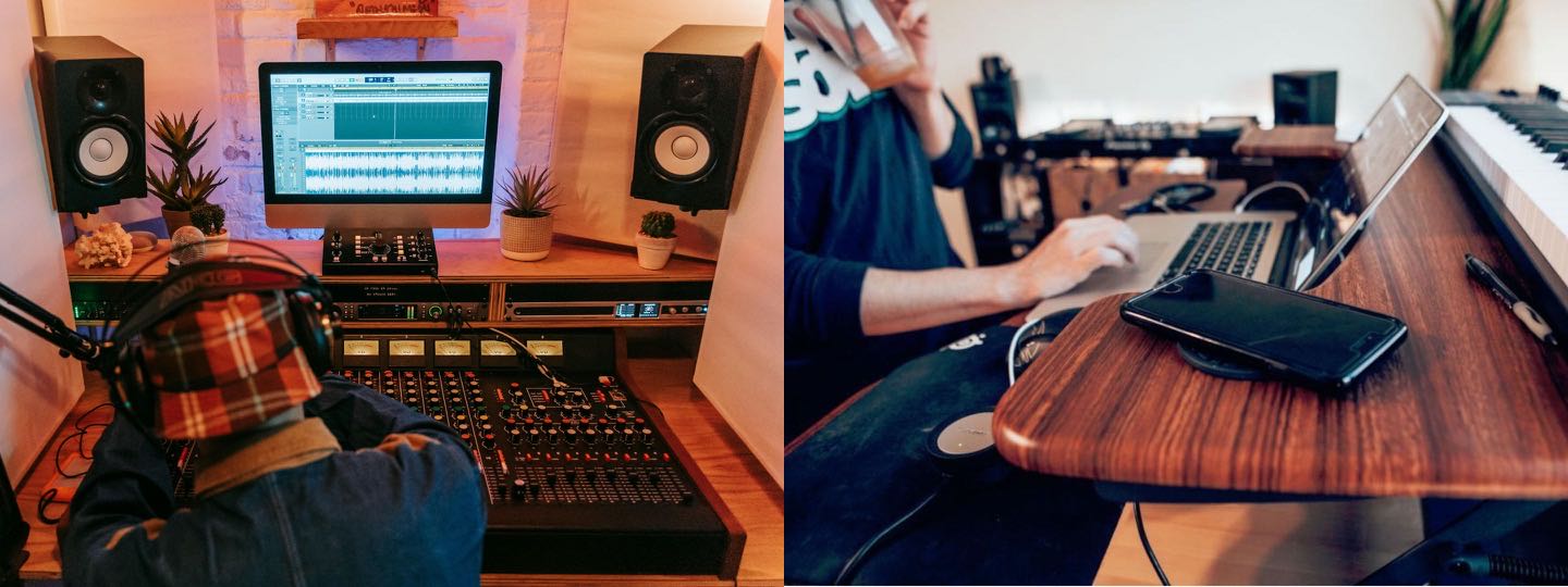 Two music producers in different locations utilizing MuseCollab's collaboration software